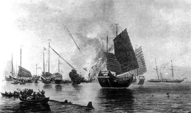虎门海面船只与销烟场景历史画作