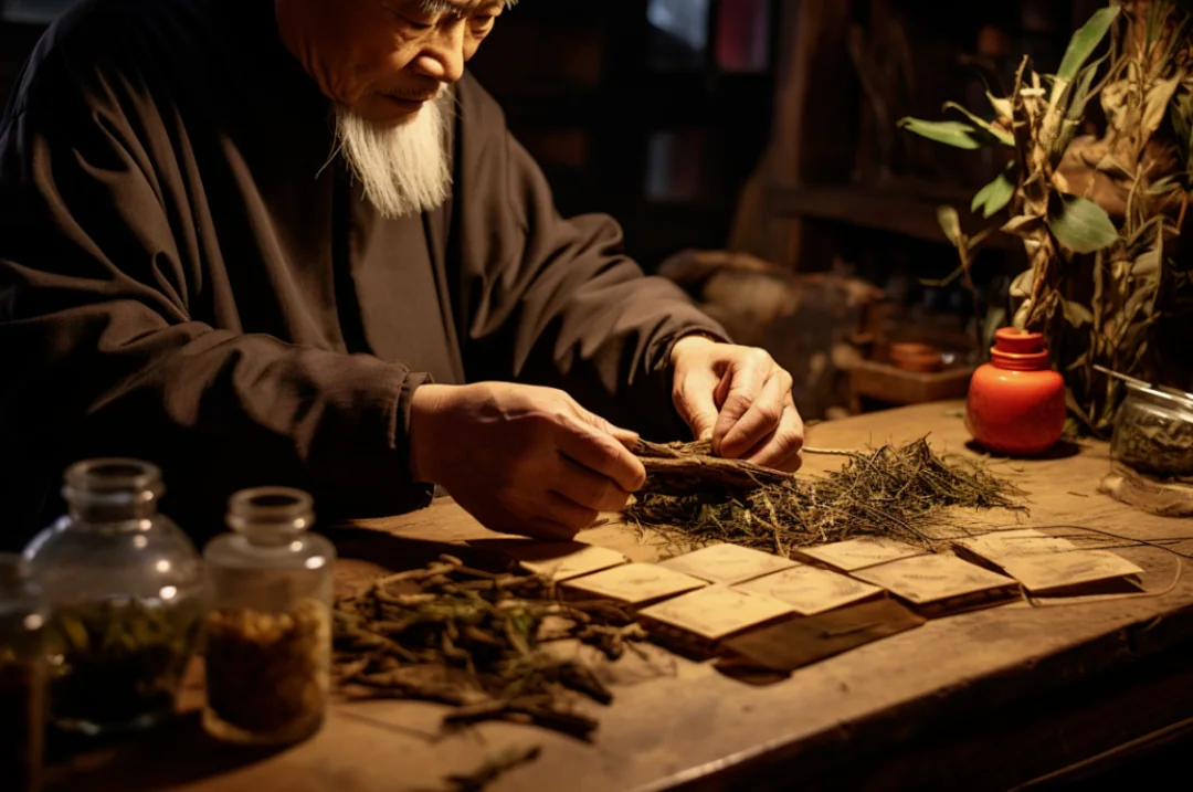 传统药师在药堂整理药材的场景